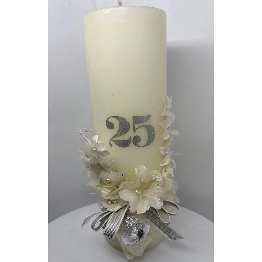 25th Anniversary Candle Cream Color Silver 25‎ Dove Bell Silk Flowers 9"